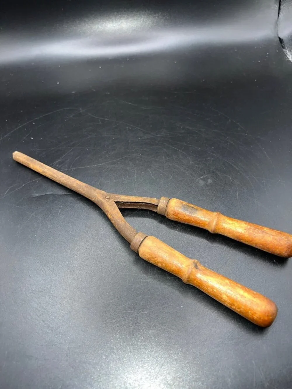 Antique Wooden Handle Curling Iron With Rusted Steel Barrel Rusty Crusty Patina